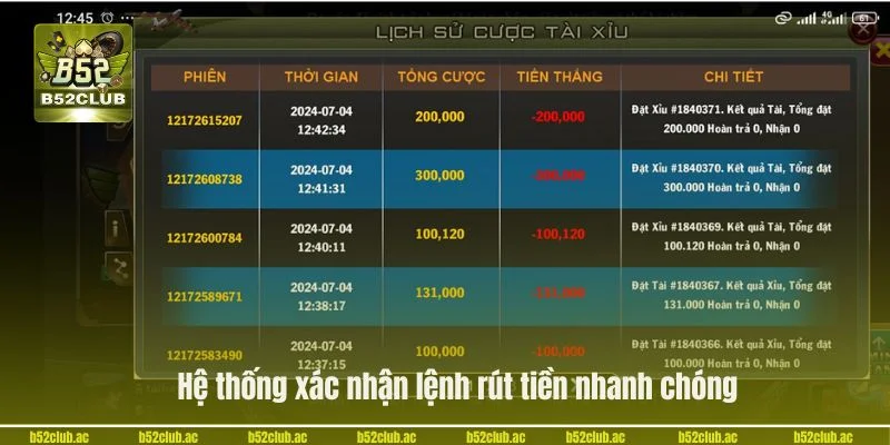 Hệ thống xác nhận lệnh rút tiền nhanh chóng.